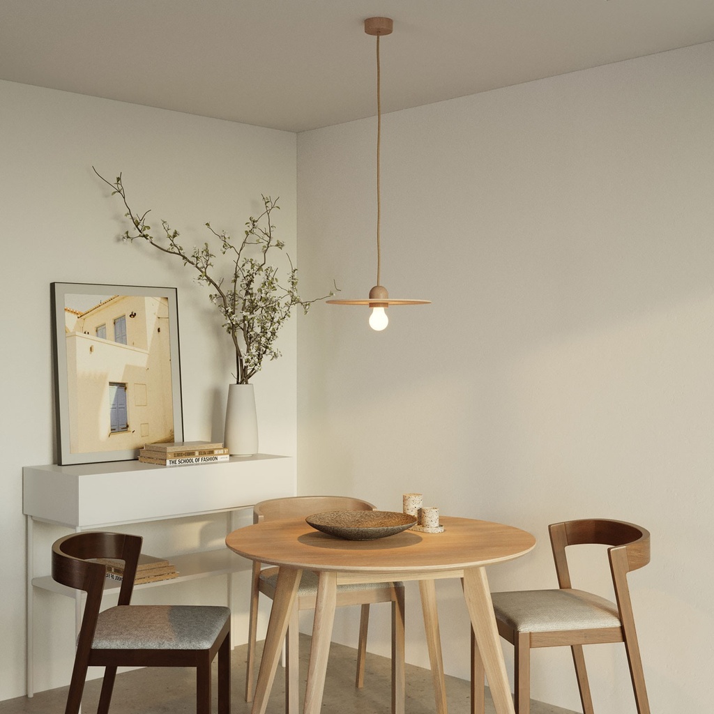 Lampada a sospensione Wood con cavo tessile e paralume UFO 1