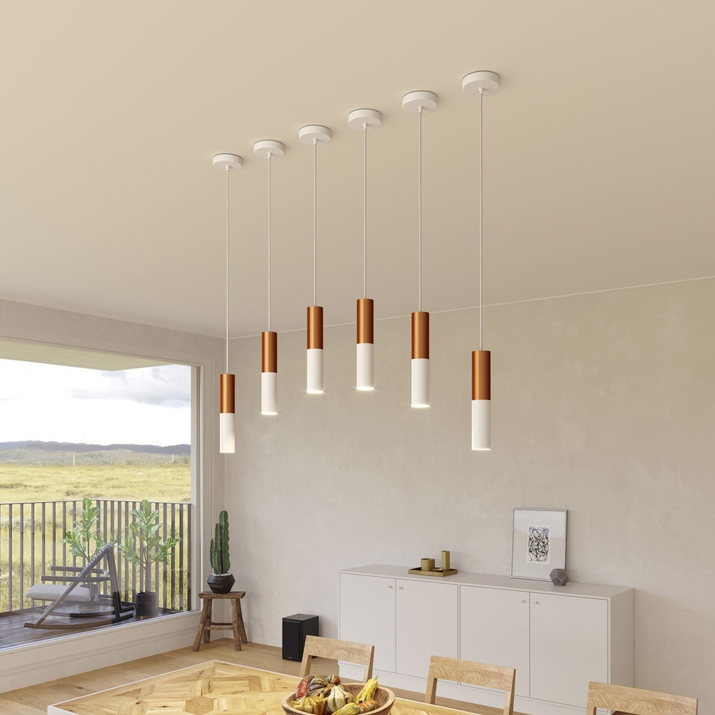 Pendant lamp with fabric cable and double Tub-E14 lampshade – No, Without bulb, Matt white and brushed copper – photo 3