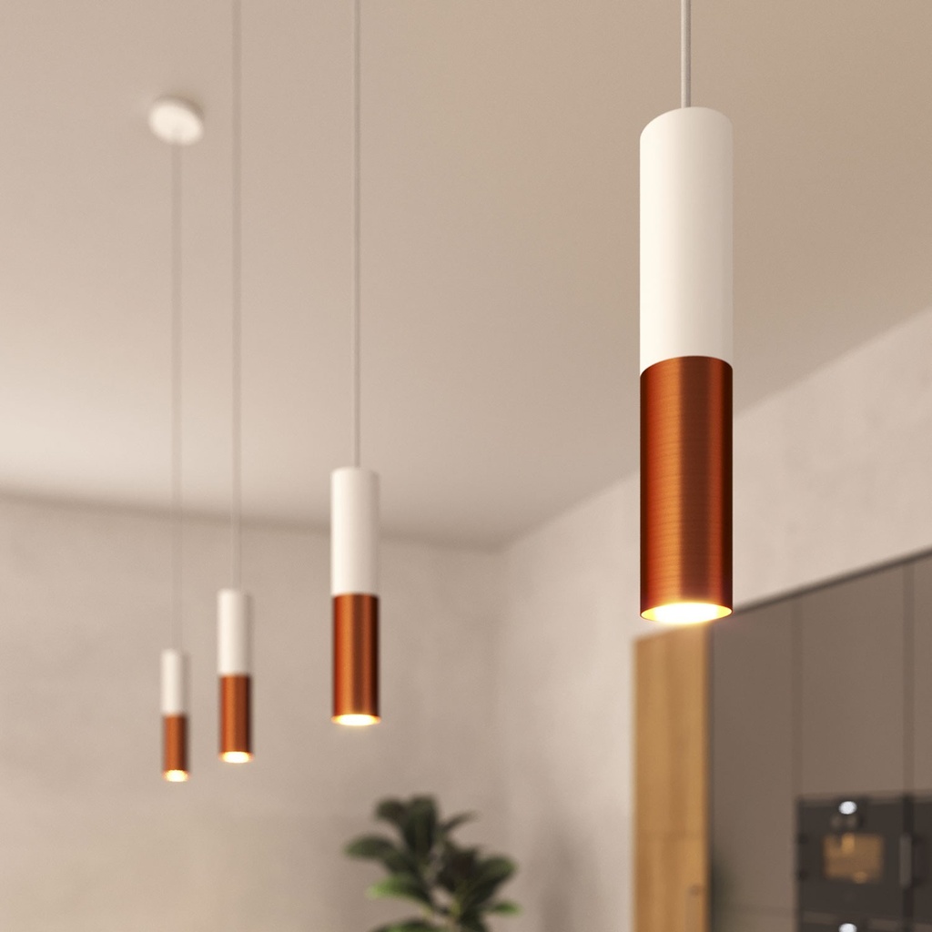 Pendant lamp with fabric cable and double Tub-E14 lampshade – No, Without bulb, Matt white and brushed copper – photo 4