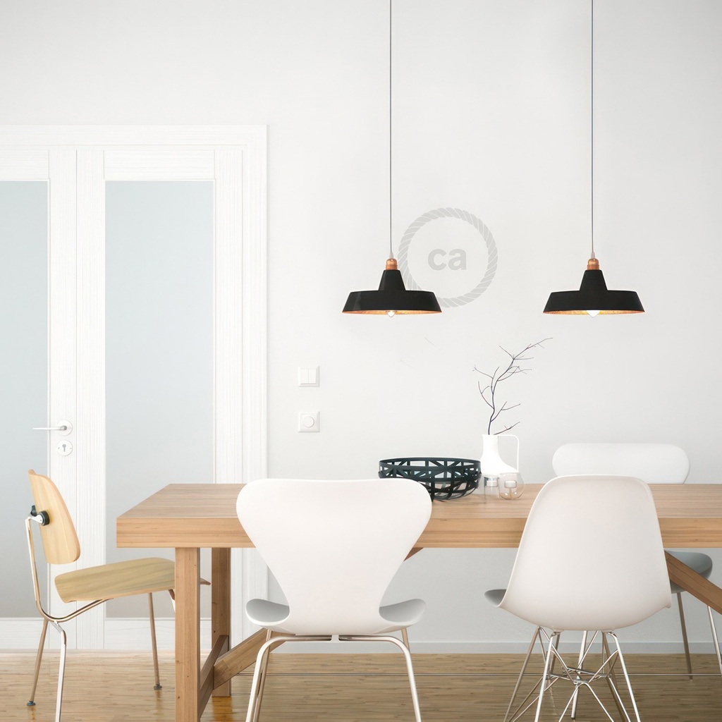 Lampada a sospensione con cavo tessile, paralume in ceramica Industriale e finiture in metallo – Standard, Senza lampadina, Bianco lucido – foto 8