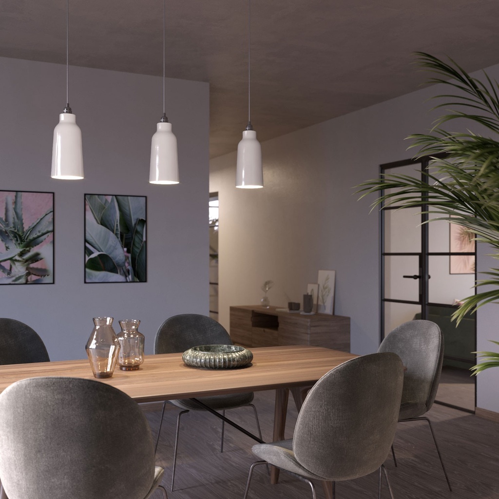 Pendelleuchte mit Textilkabel, Keramik-Lampenschirm und Metall-Details – Standard, Ohne Leuchtmittel, Weiß glänzend – Foto 3