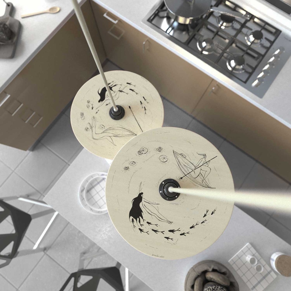 Pendelleuchte mit Textilkabel, doppelseitigem UFO-Holzschirm und Metall-Details – Ohne Leuchtmittel, Fernando Cobelo – Foto 3