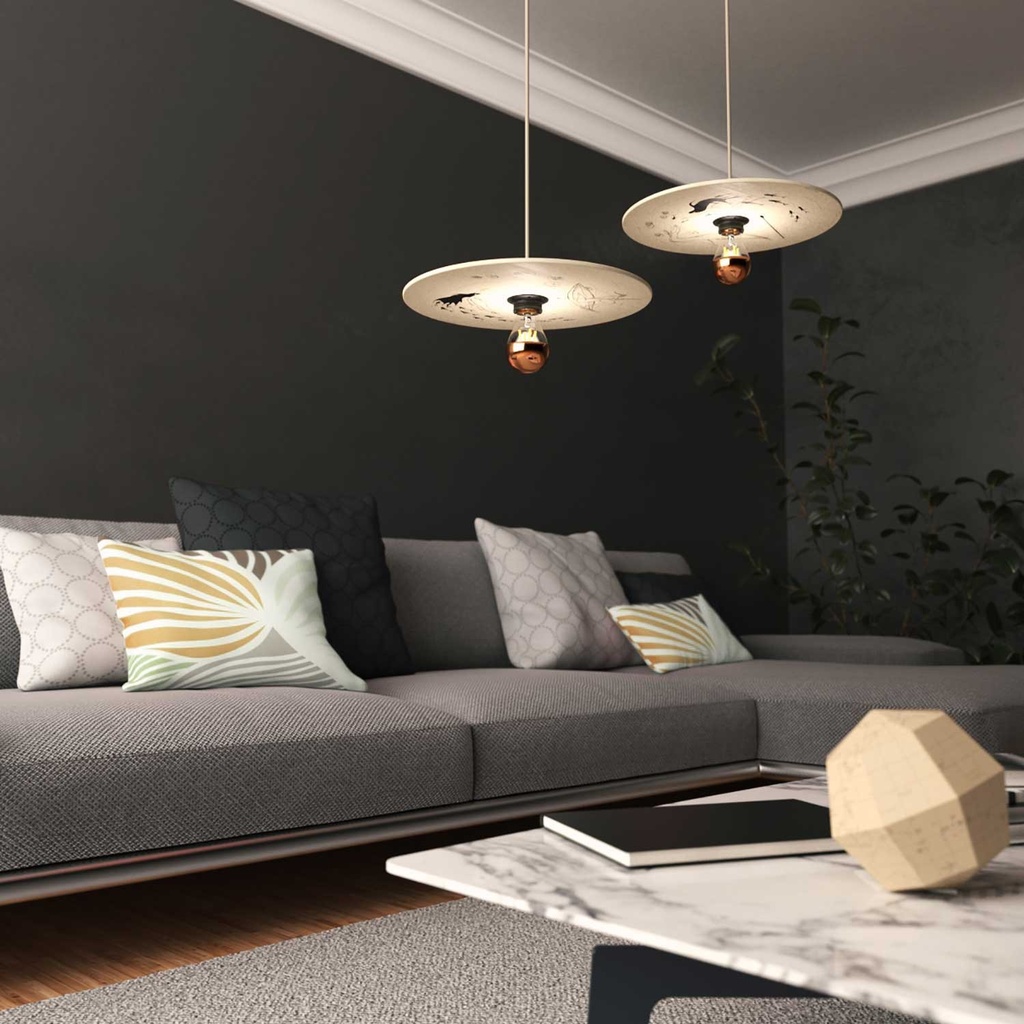 Pendelleuchte mit Textilkabel, doppelseitigem UFO-Holzschirm und Metall-Details – Ohne Leuchtmittel, Fernando Cobelo – Foto 4