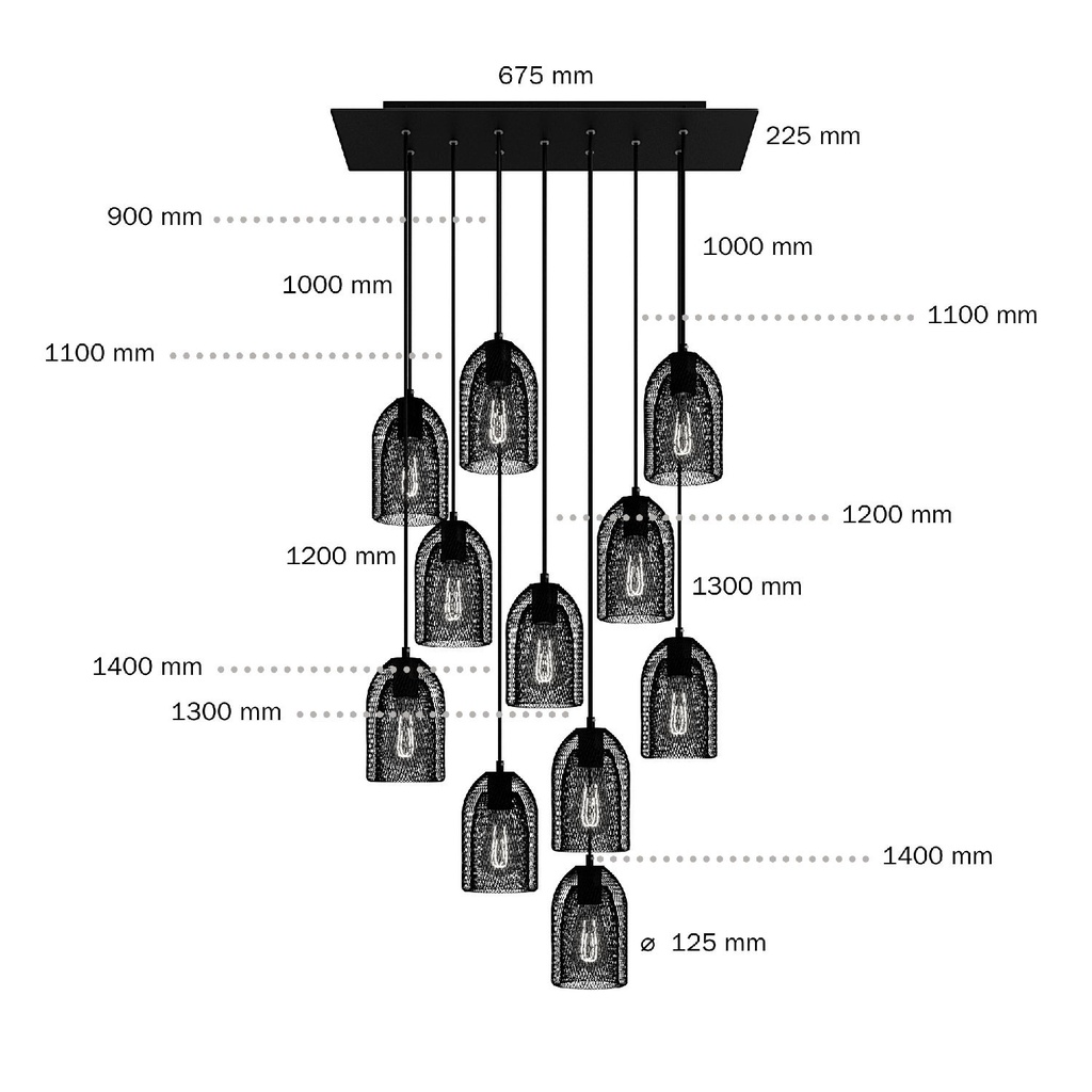 Lampada a sospensione a 11 luci con Rose-One rettangolare 675 mm e paralume Ghostbell – Senza lampadina, Dibond nero opaco – foto 6