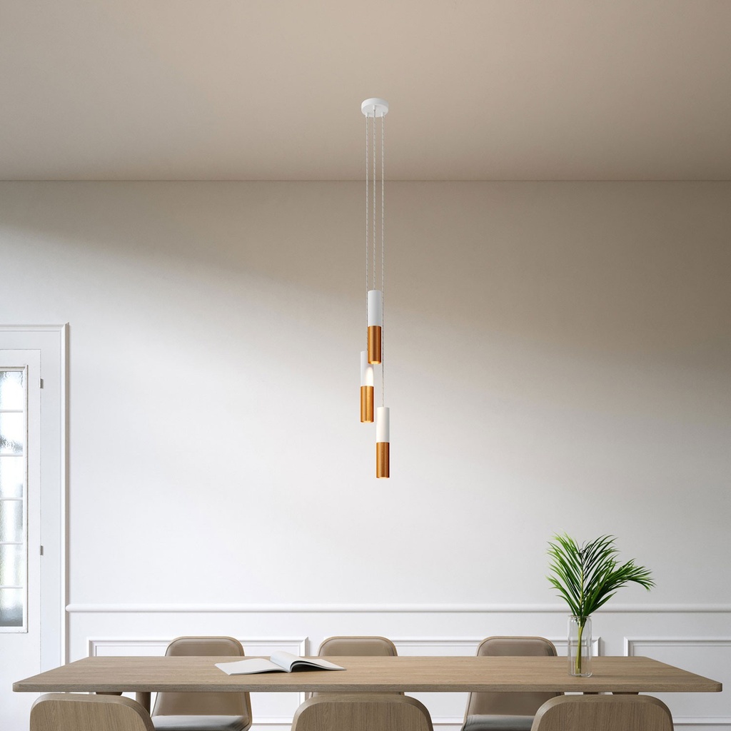 Lampada a sospensione multipla a 3 cadute con paralume Tub-E14 – No, Senza lampadina, Rame spazzolato bianco opaco – foto 2