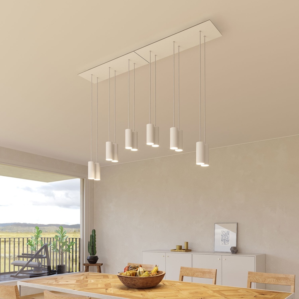6-flammige Pendelleuchte mit rechteckigem XXL-Rose-One-Baldachin 675 mm und Tub-E14-Metallschirmen – Ohne Leuchtmittel, Mattweiß – Foto 2