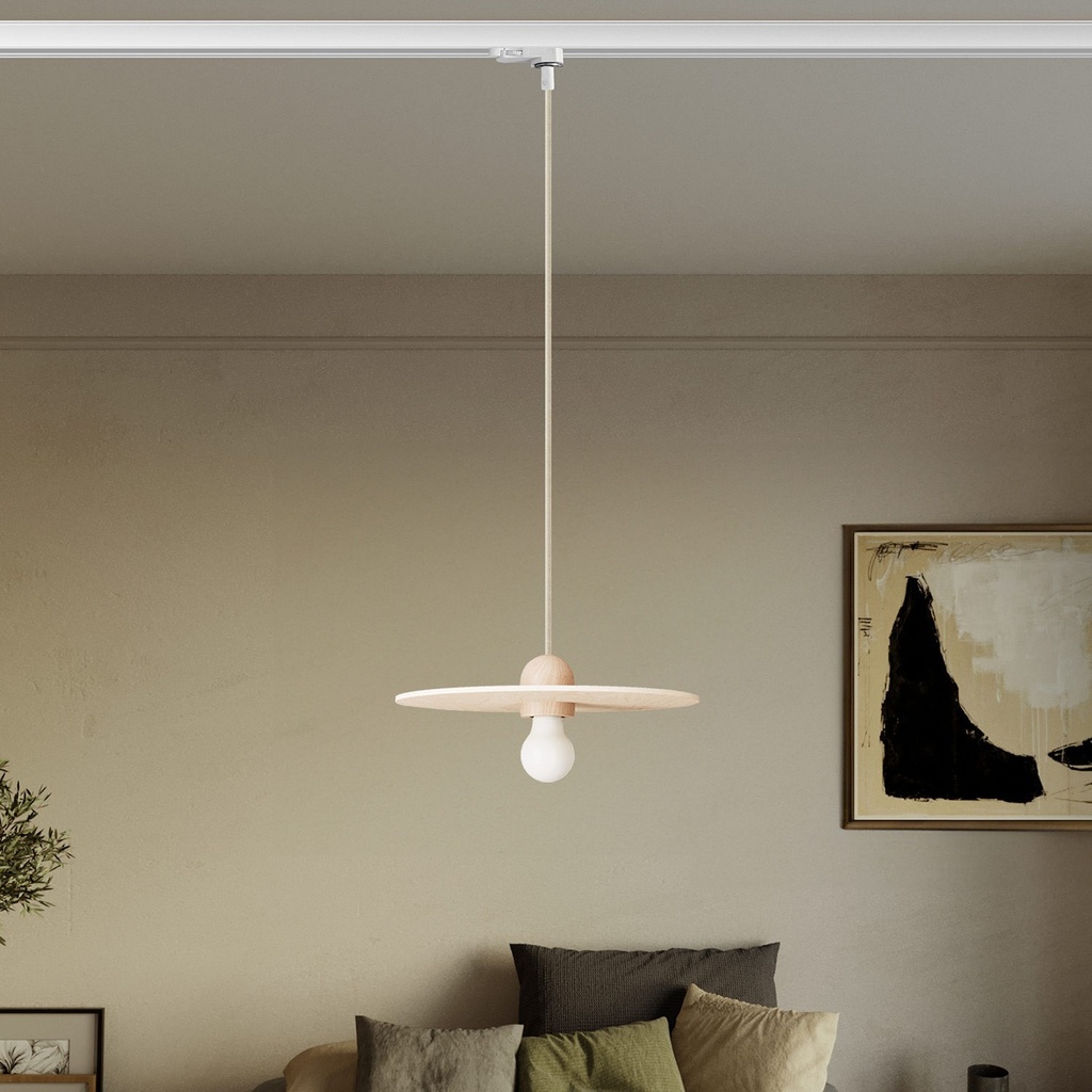 Lampada a sospensione a binario in legno con cavo tessile e paralume UFO – Senza lampadina, Powergear – foto 2