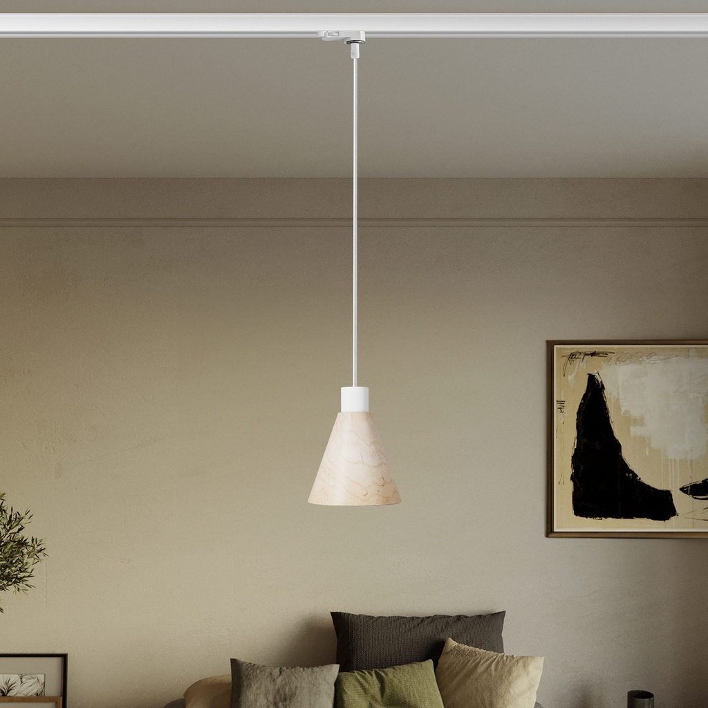 Lampada a sospensione per binari con paralume conico in legn 1