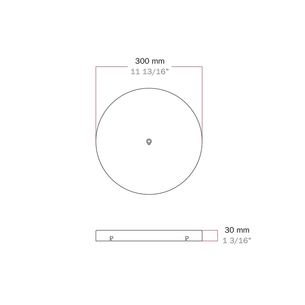 Round aluminium ceiling canopy Ø 30 cm with mounting bracket and earth cable, 1 front cable entry – Black, No side holes – photo 5