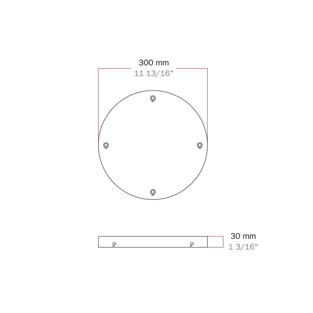 Round aluminium ceiling rose Ø 30 cm with mounting bracket and earth cable, with 4 front holes – Black, No side holes – photo 5