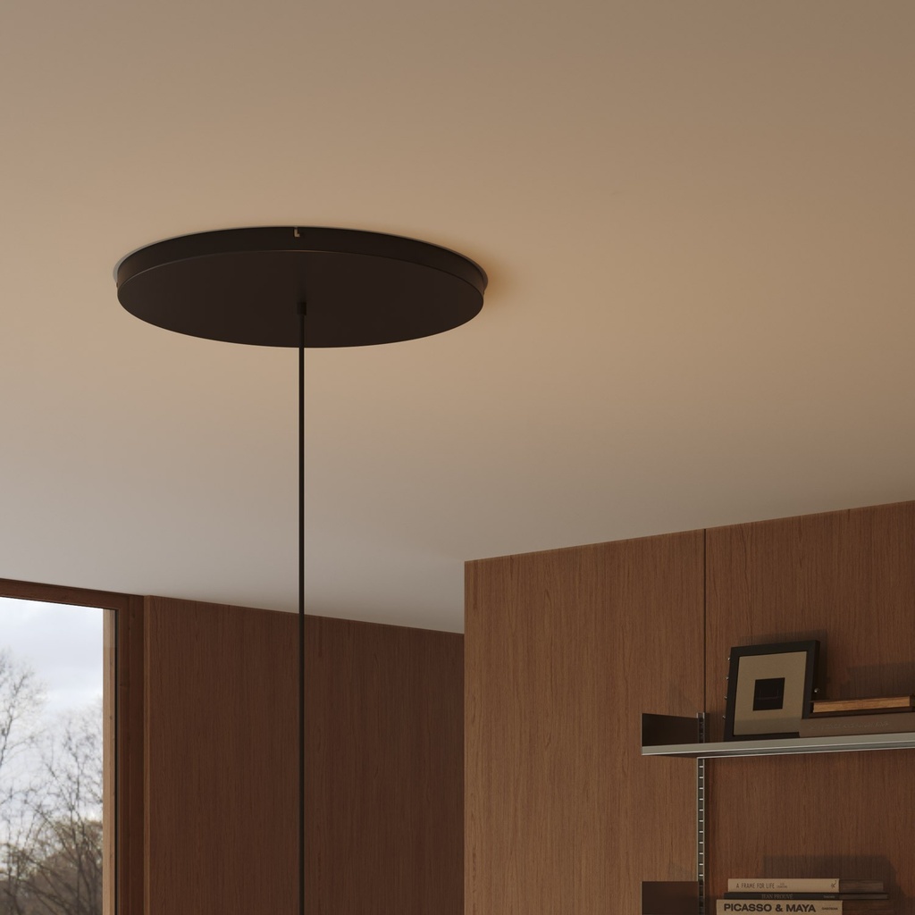 Round aluminium ceiling rose Ø 50 cm with mounting bracket and earth cable, 1 front cable entry – black, No side holes – photo 3