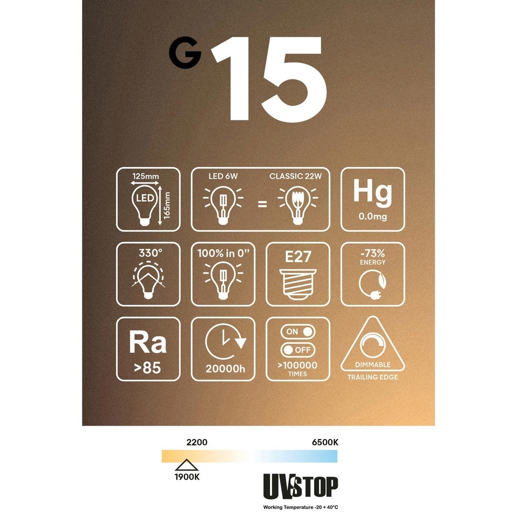Smoky Ghost Line LED light bulb CRI 90 G125 6W 220Lm E27 1900K Dimmable - G15 – photo 6