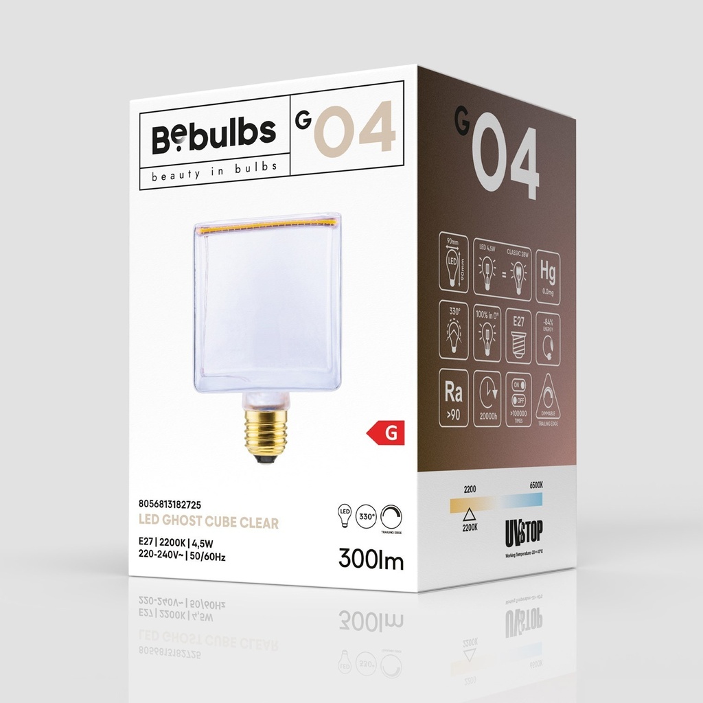 Lampadina LED Trasparente Ghost Line CRI 90 Cubetto 4,5W 300Lm E27 2200K Dimmerabile - G04 – foto 5