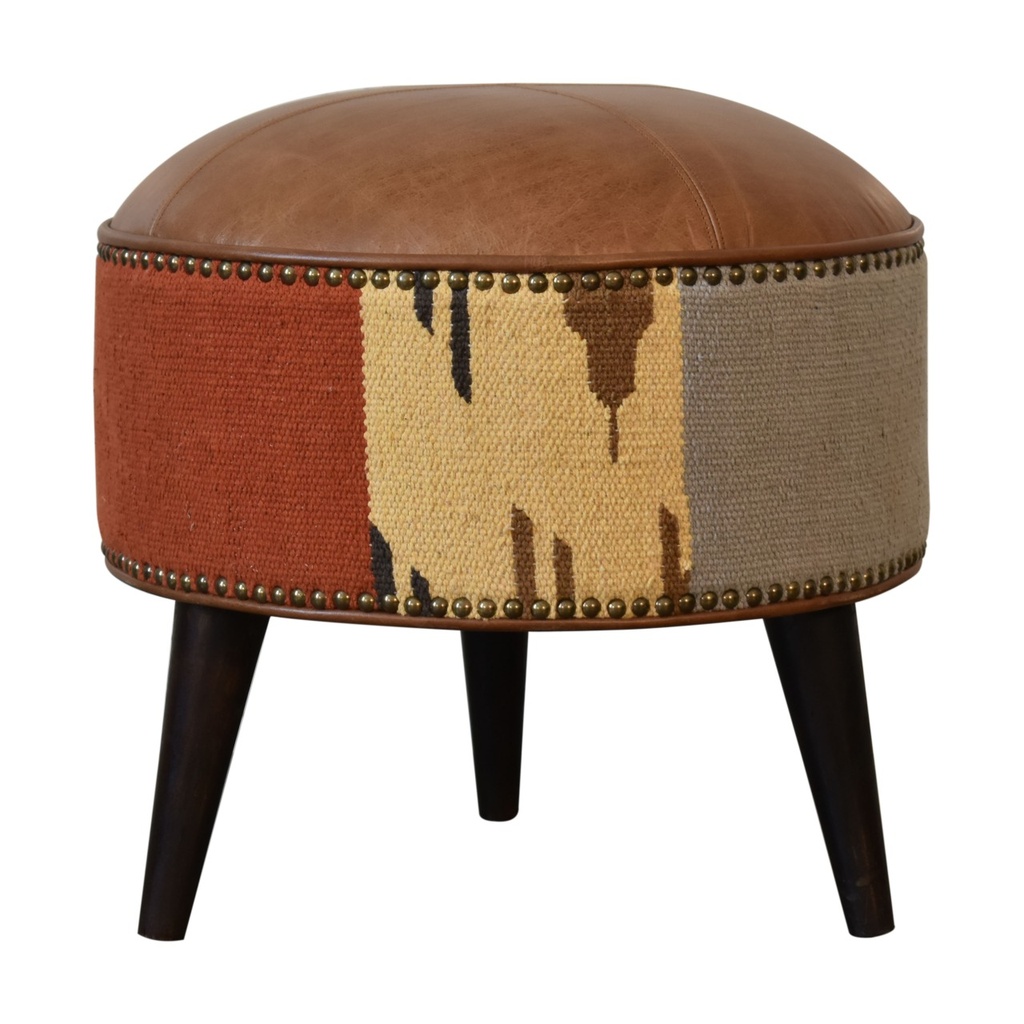 [IN1850] Durrie & Leather Mixed Footstool