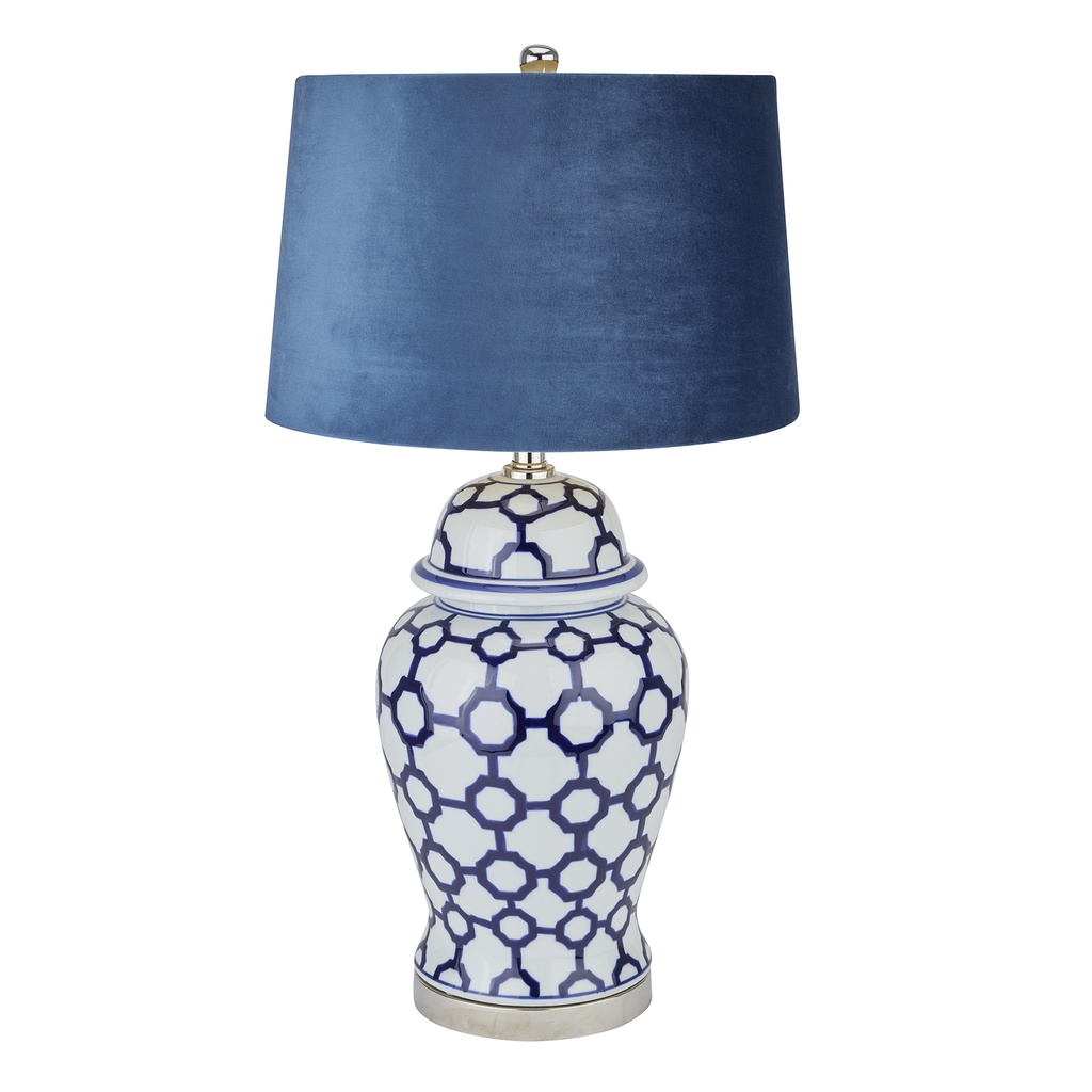 Lampada Acanthus in ceramica blu e bianca con paralume in velluto blu