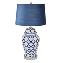Lampada Acanthus in ceramica blu e bianca con paralume in velluto blu