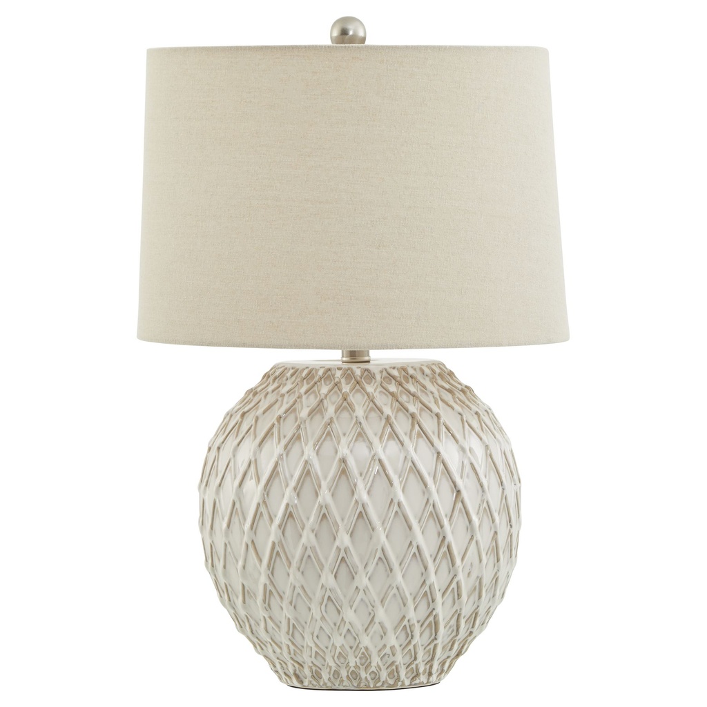 Lampada da tavolo in ceramica reticolare con paralume in lino