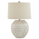 Lampada da tavolo in ceramica reticolare con paralume in lino