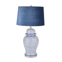 Lampada in ceramica blu e bianca Malabar con paralume in velluto blu