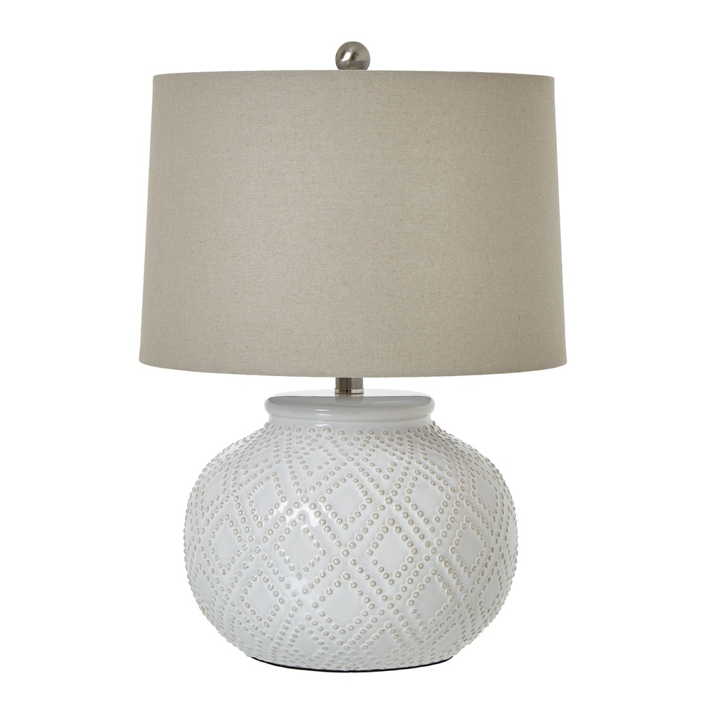 Lampada tozza in ceramica con perline bianche e paralume in lino