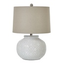 Lampada tozza in ceramica con perline bianche e paralume in lino