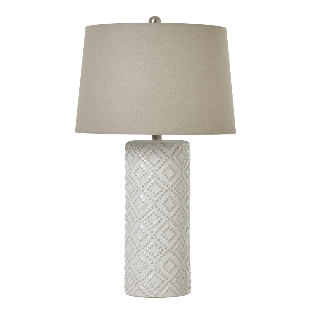 Lampada in ceramica con perline bianche e paralume in lino
