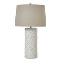 Lampada in ceramica con perline bianche e paralume in lino