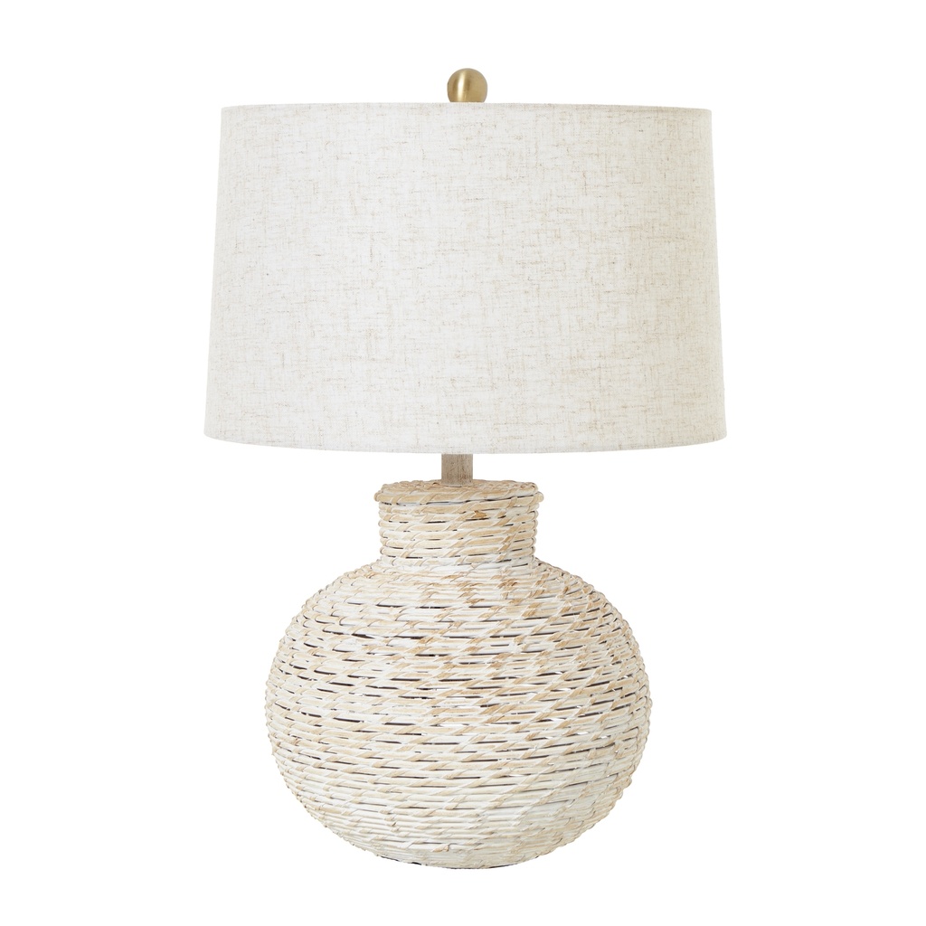 Lampada da tavolo in vimini bulboso lavato bianco con paralume in lino