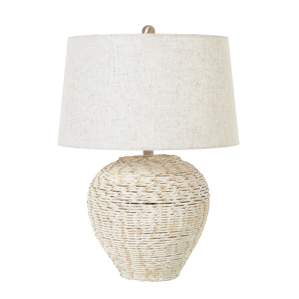 Lampada da tavolo in vimini lavato bianco con paralume in lino