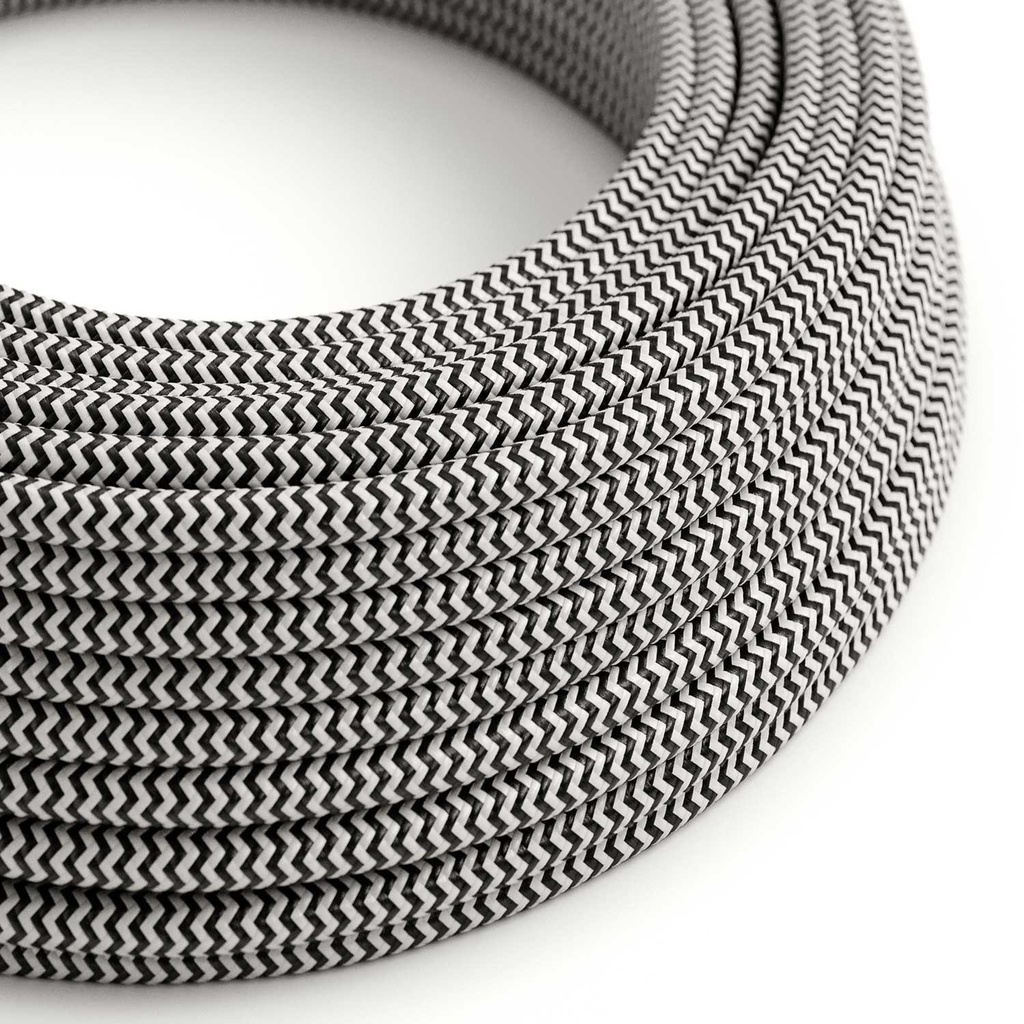 RZ round textile electric cable 2x0.75mm / 3x0.75mm – Glossy Charcoal black and Optical white ZigZag, 2x0.75 mm²