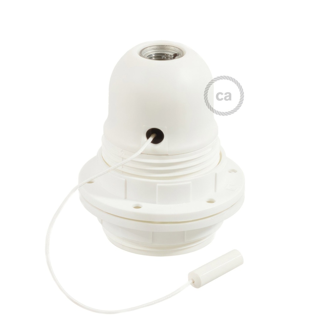 Kit douille E27 en thermoplastique avec double bague pour abat-jour et interrupteur à tirette – Blanc