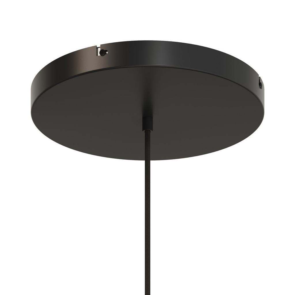 [KRA301FVN] Runder Lampenbaldachin aus Aluminium Ø 30 cm mit Halterung und Schutzleiter-Textilkabel, mit 1 zentraler Bohrung (Schwarz, Keine Seitenbohrungen)