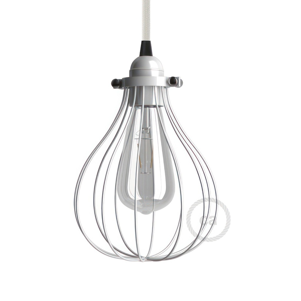 Abat-jour cage Drop en métal pour ampoule apparente avec collier de fixation réglable – Blanc