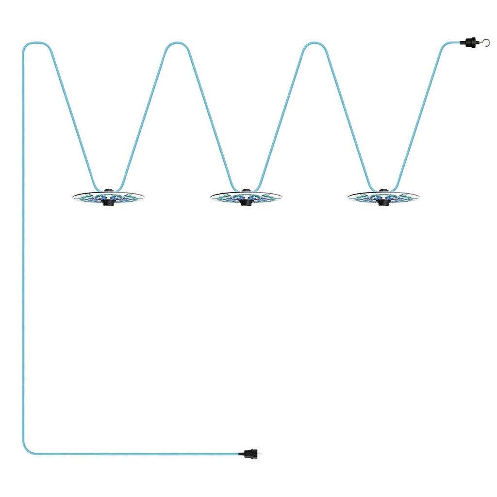 [CATE27N100CM17DD24MA01] Catenaria Sistema Lumet 'Maioliche' da 10 m con cavo tessile, 3 portalampada e paralumi, gancio e spina nera (Senza lampadina, Maiolica blu)
