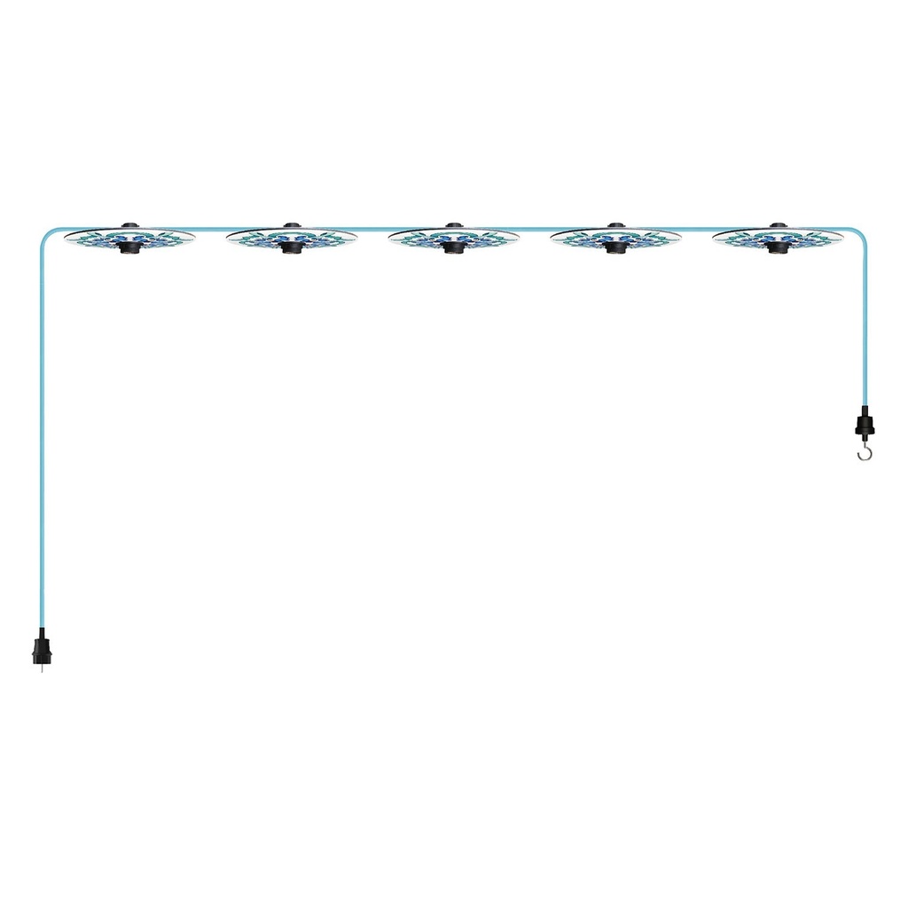 [CATE27N075CM17DD24MA01] 'Maioliche' string light, Lumet System, from 7,5 m with fabric cable, 5 lamp holders and lampshades, hook and black plug (Without bulb, Majolica blue)