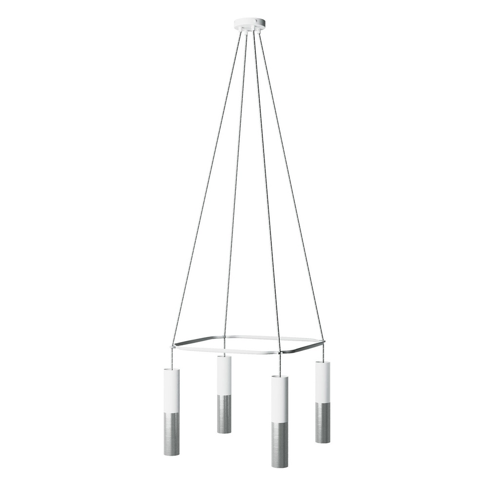 [SPM4FVBOK2SPOTERD22CQ48B] Lampadario Cage a 4 cadute Tub-E14 Doppio (Senza lampadina, Bianco opaco / Titanio satinato)