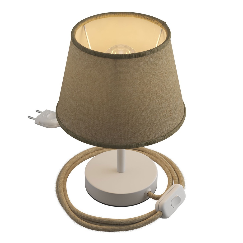 [ABM21E10VBOFEUBRN06PARIME27] Alzaluce mit Impero-Lampenschirm, Tischleuchte aus Metall (Mattweiß mit Naturjute, EU-Stecker, 10 cm)