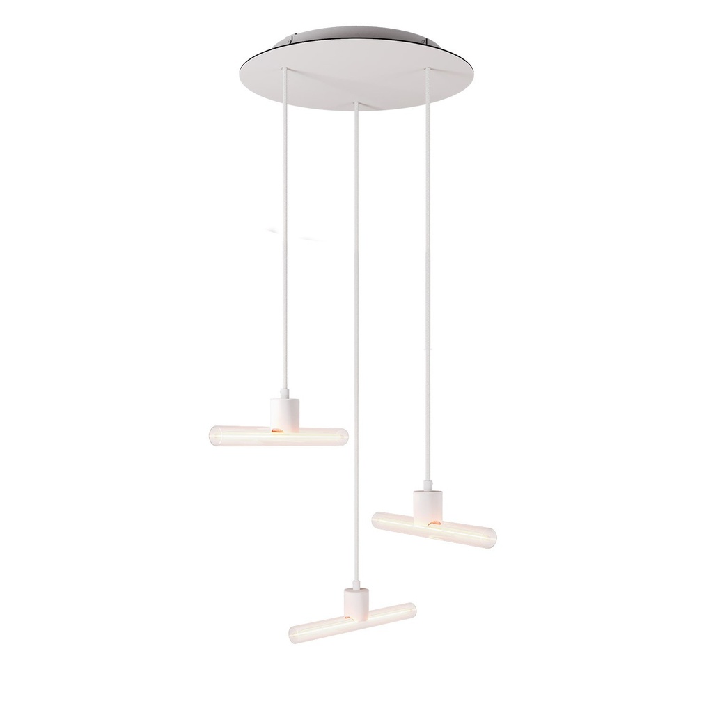 Esse14 suspension lamp with 3 asymmetrical drops with Rose-One, complete with fabric cable and metal finishes – With Matter (on/off), White