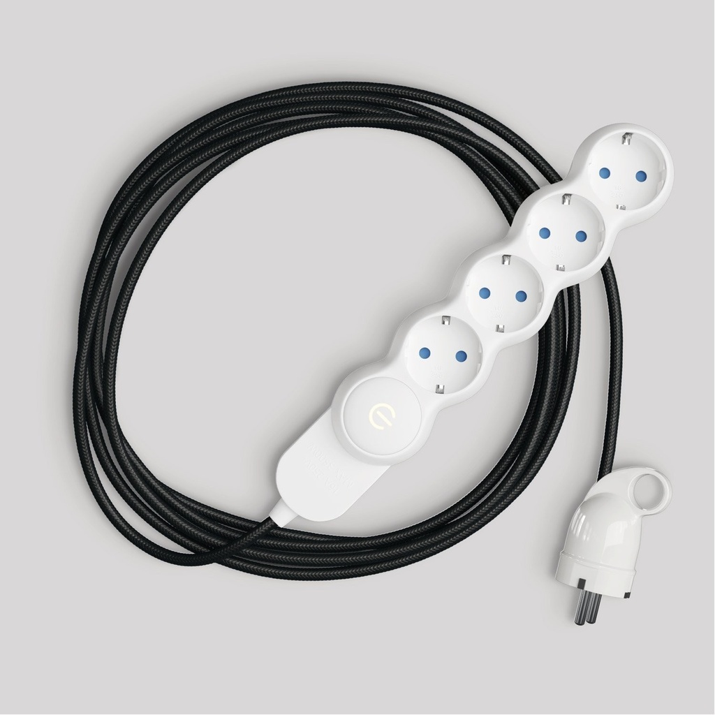 [M1T4B01RM04] Schuko multi-socket with glossy black fabric cable and Schuko plug (White)