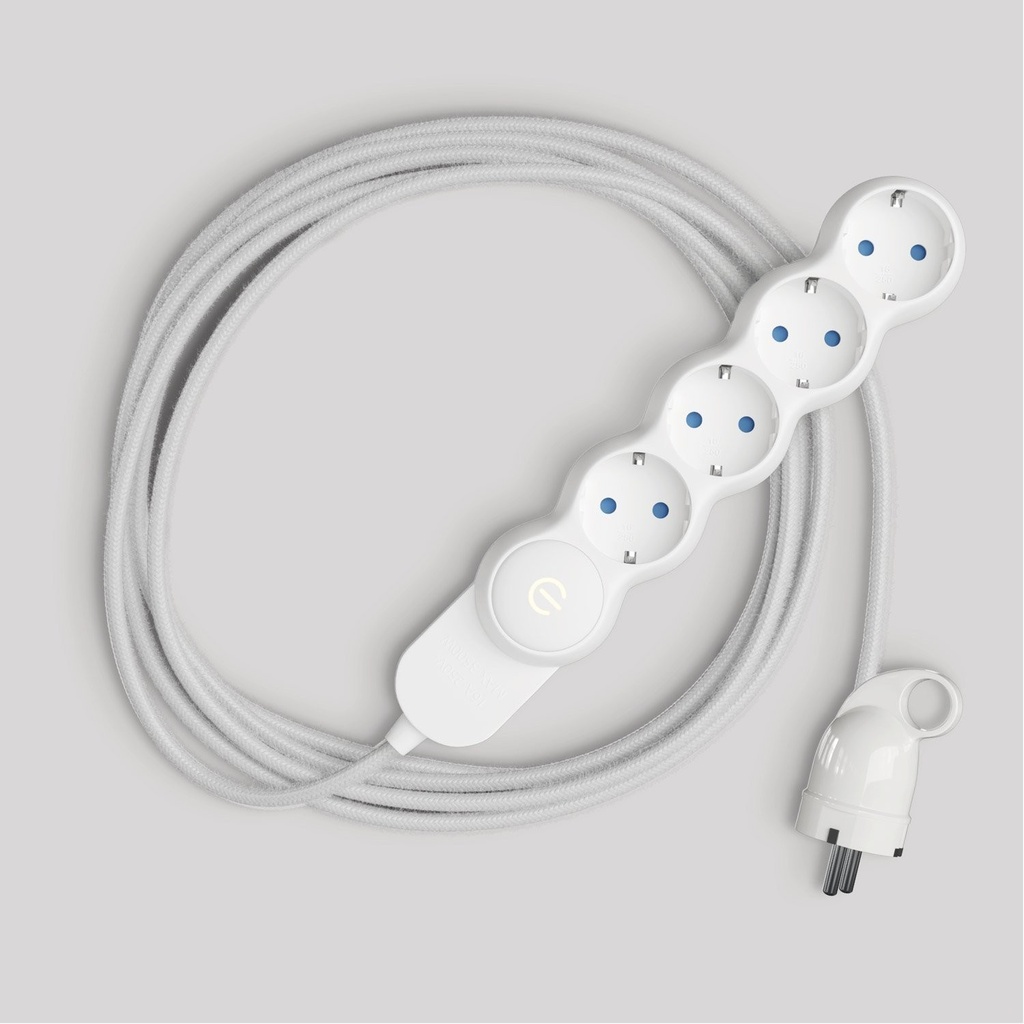 Schuko multi-socket with glossy white fabric cable and Schuko plug – White