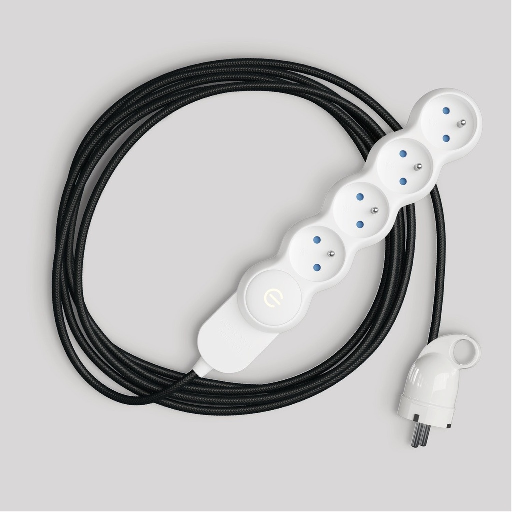 [M1F4B01RM04] Multipresa francese con cavo in tessuto nero lucido e spina Schuko