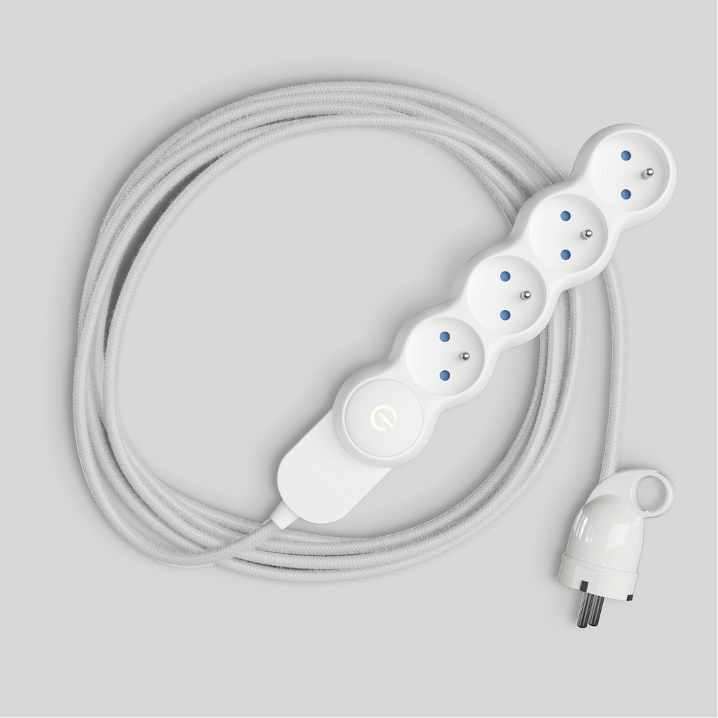 [M1F4B01RM01] Multipresa francese con cavo in tessuto bianco lucido e spina Schuko