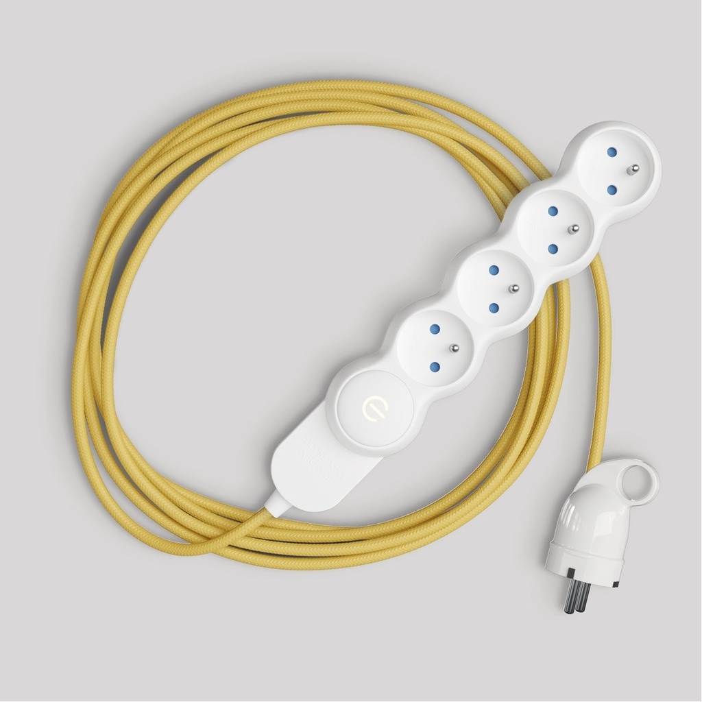 [M1F4B01RM10] Multipresa francese con cavo in tessuto giallo lucido e spina Schuko